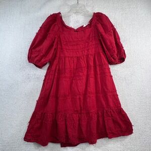 Altar'd State Red Textured Fringe Puff Sleeve Tie Back Mini Dress Medium